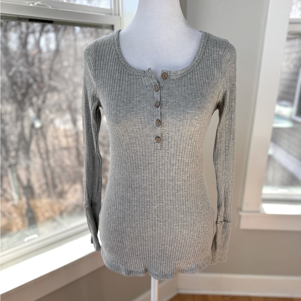 Pulse Light Gray Ribbed Cotton Henley Long Sleeve Top Shirt Size XS